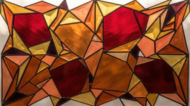 Abstract geometric art featuring vibrant reds yellows and oranges in intricate patterns