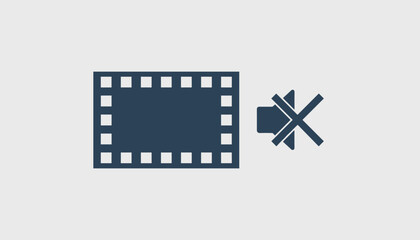 Fototapeta premium Video mute symbol featuring a dark blue film frame and a crossed-out speaker icon isolated on a light gray background.