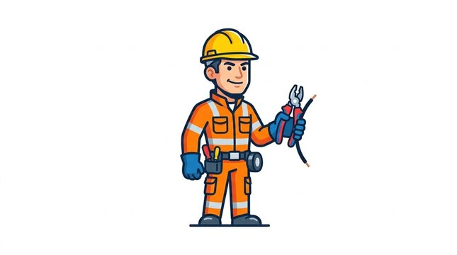 Electrician character wearing safety gear holding pliers and wire