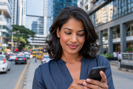 Woman smiles while using smartphone in urban setting. She stands on sidewalk, surrounded by tall buildings. Traffic flows behind her, with cars and buses moving. Her dark curly hair frames her focused
