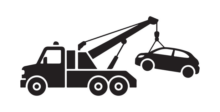 Robust black tow truck hauling passenger car silhouette for reliable road side assistance and recovery.