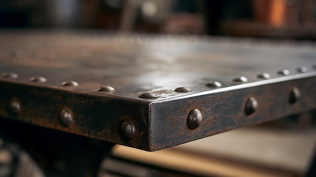 Close up of a rustic metal table edge with rivets.