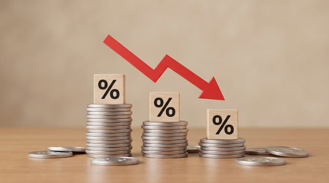 Coins stacked decrease with falling interest rates and financial loss. Finance investment recession crisis. money budget saving expense, value reduction down decayed, risk loss