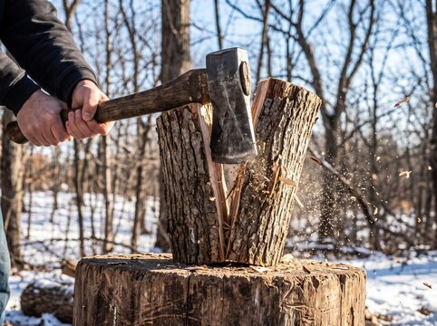 Man splitting a log of wood with an axe on a chopping block outdoors in a snowy winter forest