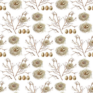 Watercolor Easter seamless pattern with nest and egg on the branches of a tree on white background. Bird house made of twigs. Spring decor for celebration card. Mother's day. Wallpaper or wrapping