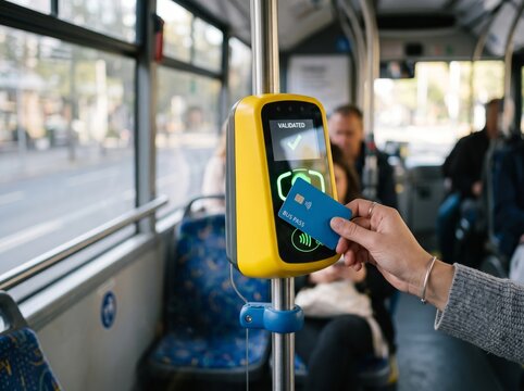 Close-up of a person validating a contactless blue bus pass card on a yellow reader inside a public city bus