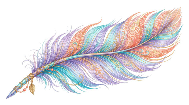 Magical feather quill decorated with vibrant pastel colors isolated on transparent background