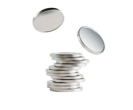 Stack of silver coins with two floating coins isolated on transparent background