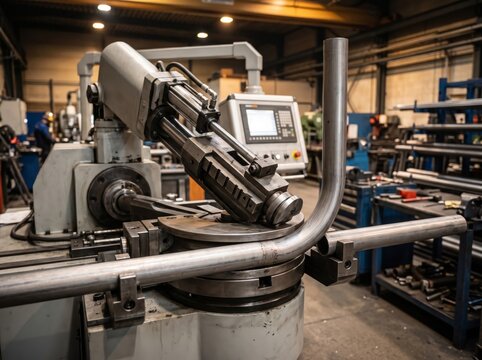 CNC pipe bending machine shaping a metal tube in an industrial factory workshop