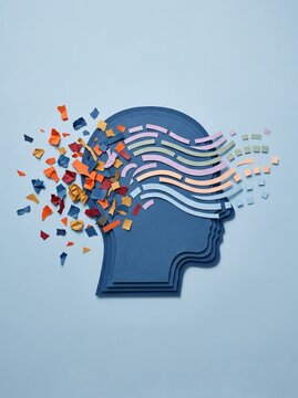Abstract depiction of a dissolving human head with thoughts