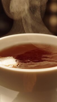 Close Up Sugar Cube Dissolving in Hot Tea Cup with Rising Steam