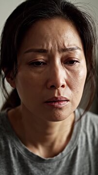 Close Up Zoom In on Middle Aged Asian Woman with Exhausted and Stunned Expression