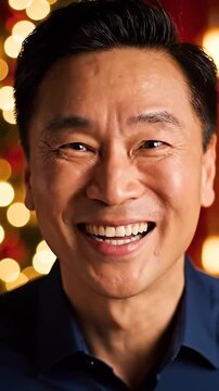 Slow Zoom In to Middle Aged Asian Man with Excited Joyful Expression