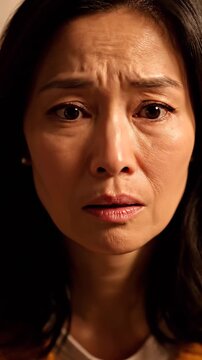 Close Up Zoom In on Middle Aged Asian Woman Holding Head with Distressed Expression