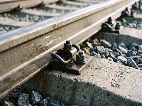 Steel railway track rail fixed with bolts and metal clips on a concrete sleeper with gravel ballast in bright daylight
