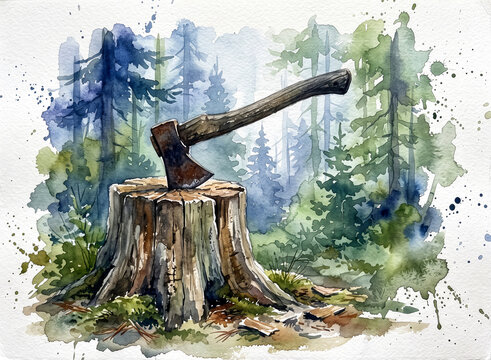 Watercolor illustration of a rustic axe embedded in a tree stump within a misty pine forest