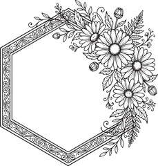 Obraz premium Hexagonal Floral Frame with Hand Drawn Daisies and Decorative Swirl Pattern Vector Illustration