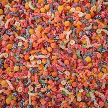 Variety of vibrant assorted colorful gummy candies and sugar coated fruit flavored sweets background featuring worms and rings in a dense overhead layout