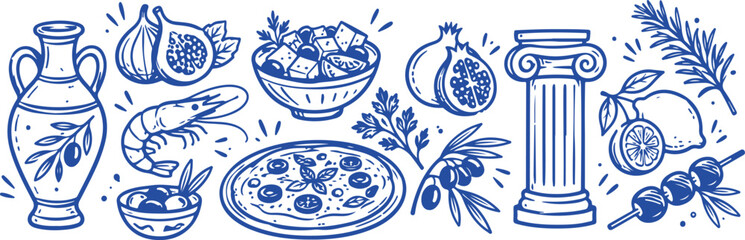 Obraz premium Collection of Mediterranean food and architectural elements hand-drawn blue line art for culinary and travel themes