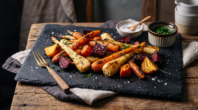 Roasted root vegetables on a dark slate board with herbs and seasonings