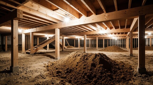 Unfinished basement construction shows wooden beam structural support system. New house foundation with timber framework, floor joists under residential building. Raw dirt ground with piles of soil