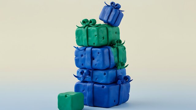 Stack of blue and green handmade clay gift boxes with ribbon bows balancing vertically, created with generative ai. 