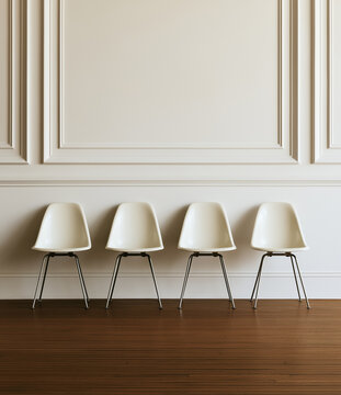 an eye level photograph depicts four retro fiberglass shell chairs positioned in a row 