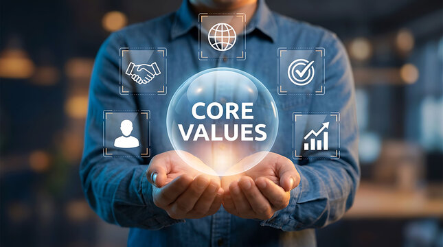 Businessman holding transparent glowing sphere with core values text and icons