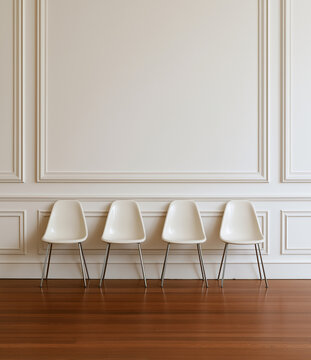 an eye level photograph depicts four retro fiberglass shell chairs positioned in a row 
