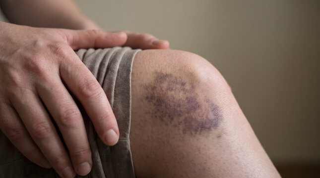 Close Up Shot of Person Holding Injured Leg with Large Bruise on Knee