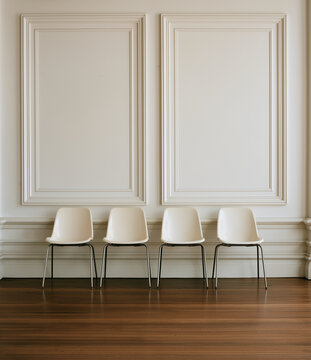 an eye level photograph depicts four retro fiberglass shell chairs positioned in a row 