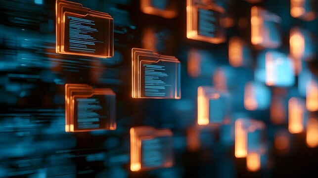 Glowing digital folders with code