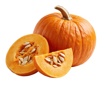 Fresh whole orange pumpkin with cut slices and visible seeds, isolated on transparent background