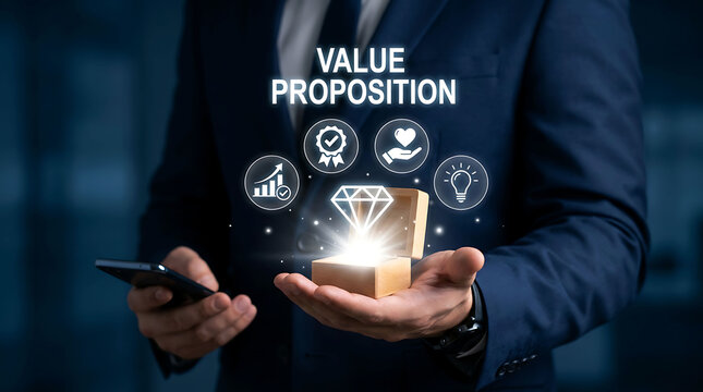 Businessman holding glowing box with value proposition icons for marketing plan