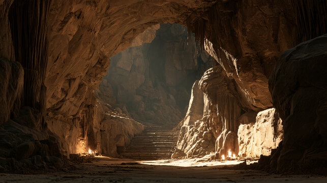 Natural limestone cave featuring sunlight streaming into the rocky interior opening.