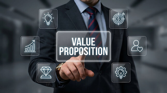 Businessman pressing virtual value proposition button on futuristic interface