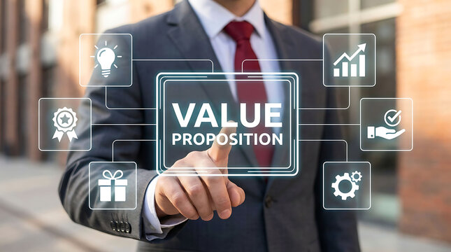 Businessman pointing at virtual interactive screen with value proposition text