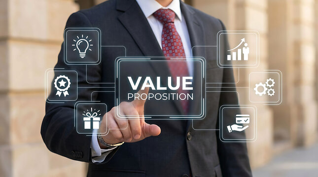 Businessman interacting with digital value proposition interface graphic