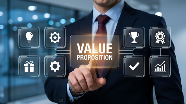 Businessman touching a digital value proposition interface screen concept