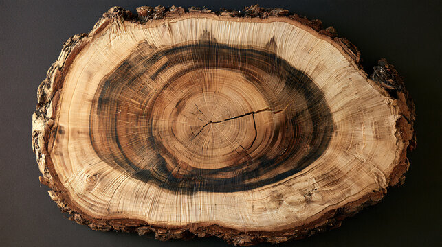 Cross section of a log reveals dark rings and detailed wooden grain textures.