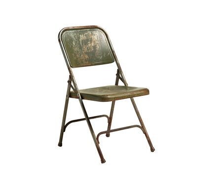 A vintage green metal folding chair isolated on transparent background