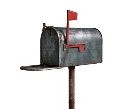 Vintage metal mailbox with red flag on a rusted post isolated on transparent background