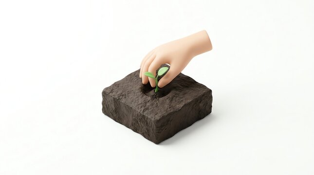 Hand planting a small plant in soil cube