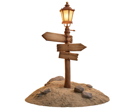 Wooden signpost with a glowing lantern on a sandy mound isolated on transparent background