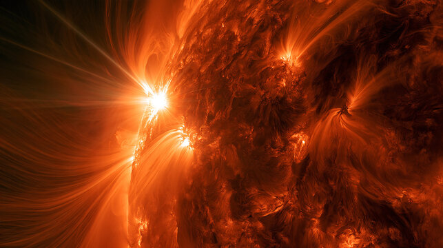 Sun surface showing detailed texture and intense magnetic loops in deep space.