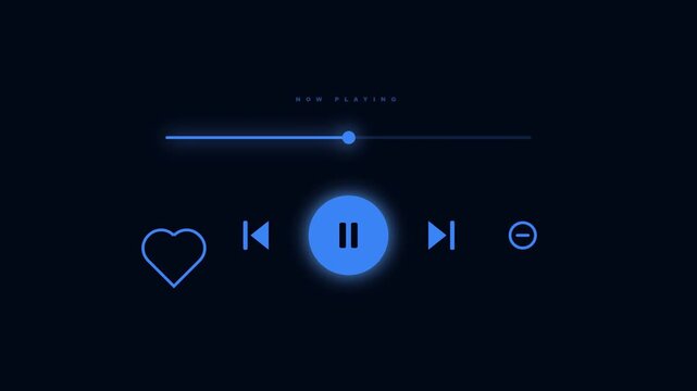 Blue music player UI motion graphics background loop featuring playback buttons and heart icon.