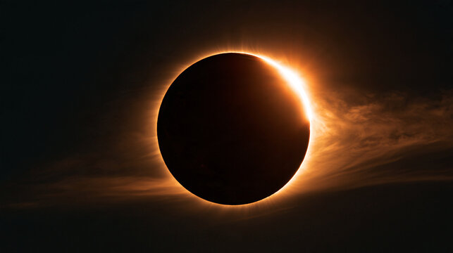 Total solar eclipse reveals the glowing solar corona and wispy clouds surrounding the silhouetted lunar disk.