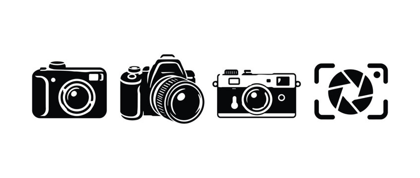 Set of four different black camera icons and photography symbols on white background with vector graphic digital camera retro camera photography gear camera aperture web icon