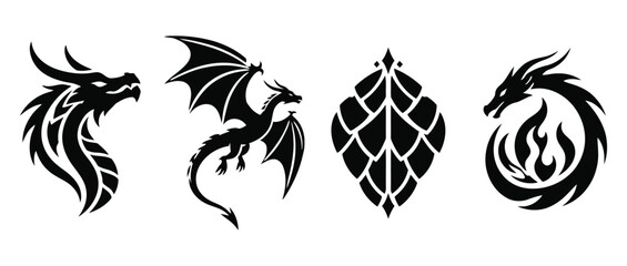 Obraz premium Collection of dragon silhouette icons in various fantasy styles with mythical creature fantasy icon dragon art flying dragon legendary beast dragon head fire breathing