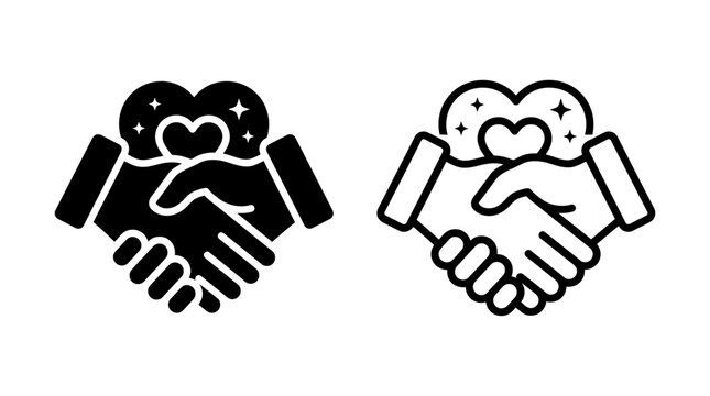 Heart handshake icon set representing unity and friendship